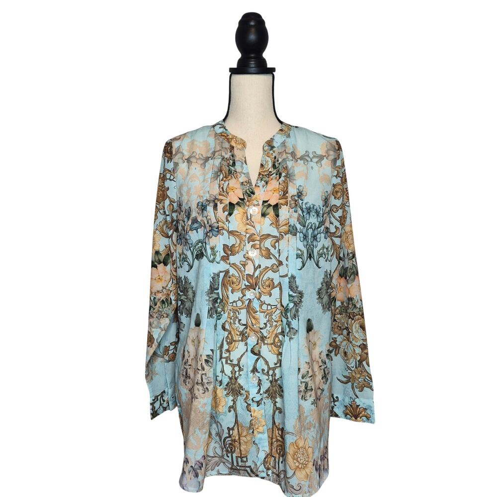 Soft Surroundings Baroque Floral Pintuck Tunic Blouse Light Blue Womens Size M